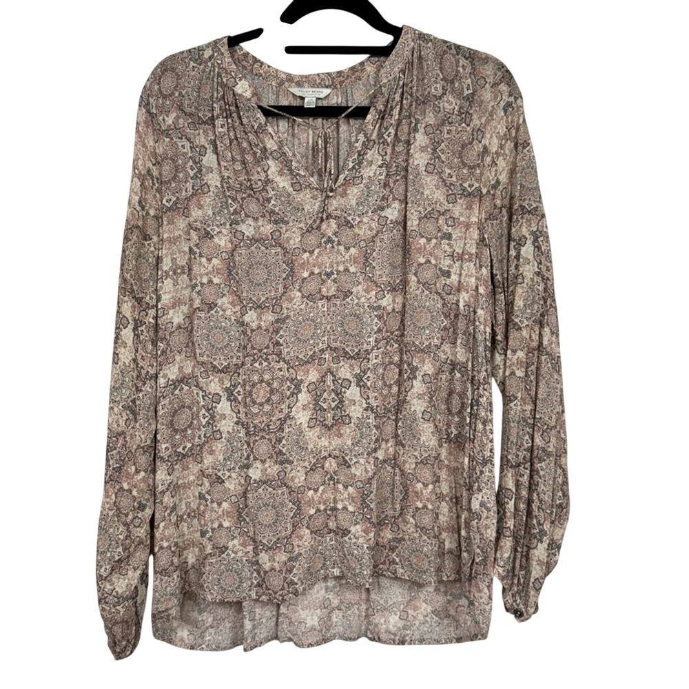Lucky Brand Pink & Tan Paisley Floral Blouse Womens L Boho Long Sleeve Beachy